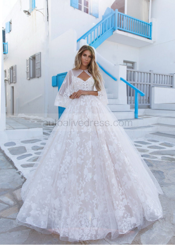 Beaded Ivory Floral Lace Tulle Cape Wedding Dress